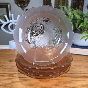 Vintage Amber Pink Rose Embossed Scalloped Glass Salad Bowls - Set of 5